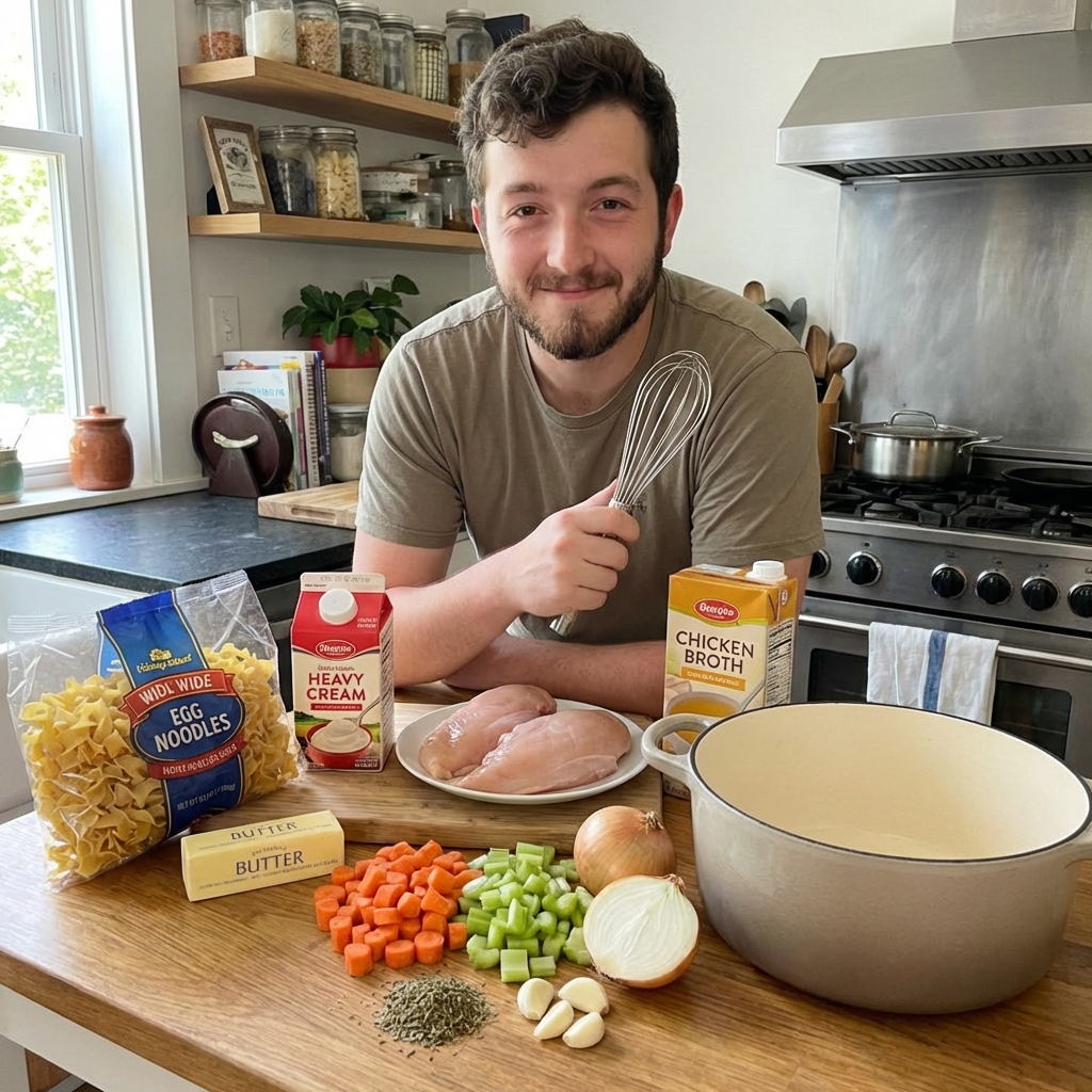 A real photograph of the ingredients for creamy Dutch oven chicken and noodles arranged on a kitchen counter