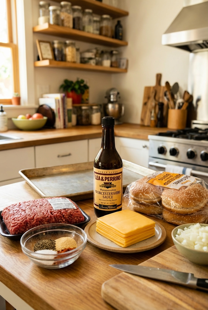 A real photograph of the ingredients for oven-baked burgers on a kitchen counter including ground beef, spices, Worcestershire sauce, cheese slices, and burger buns