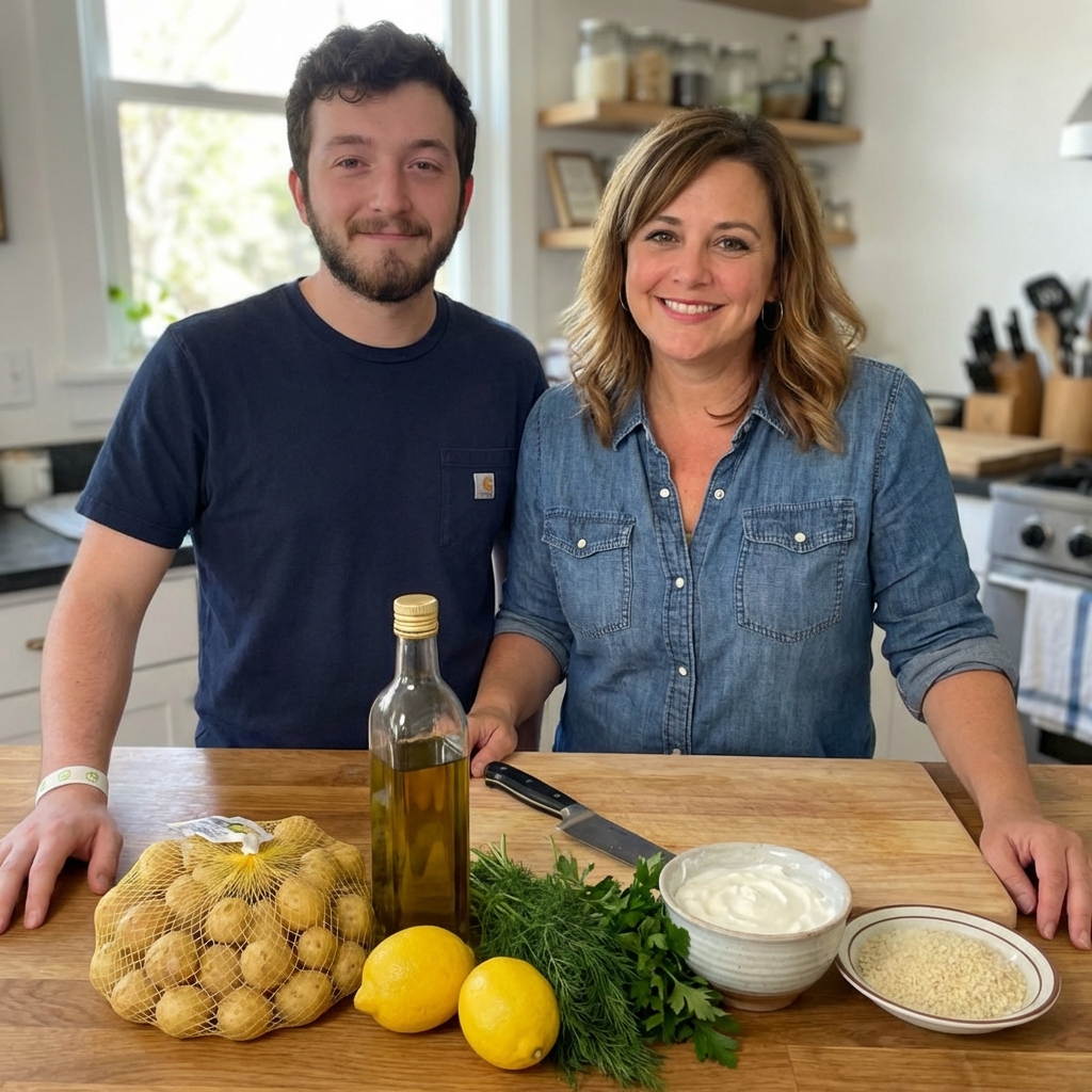 A real photograph of the ingredients for smashed potatoes including baby potatoes, olive oil, lemon, fresh herbs, yogurt, and panko breadcrumbs laid out on a kitchen counter