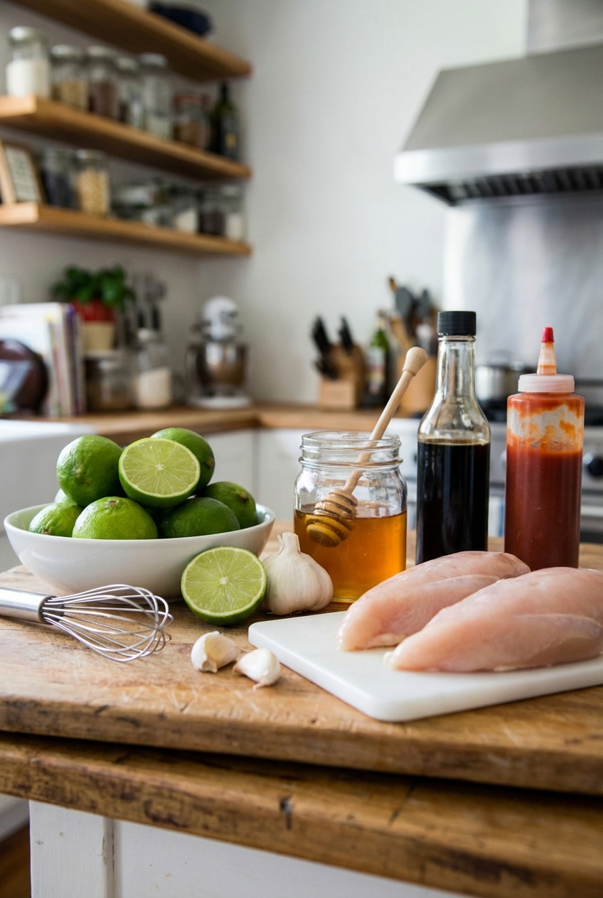 A real photograph of the recipe ingredients on a kitchen counter including chicken, limes, honey, garlic, soy sauce, and sriracha