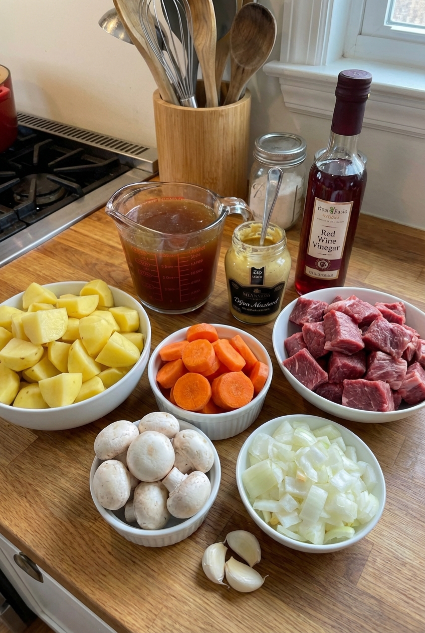 A real photograph of the stew ingredients on a kitchen counter, including cubed beef, potatoes, carrots, mushrooms, onion, garlic, broth, Dijon mustard, and red wine vinegar