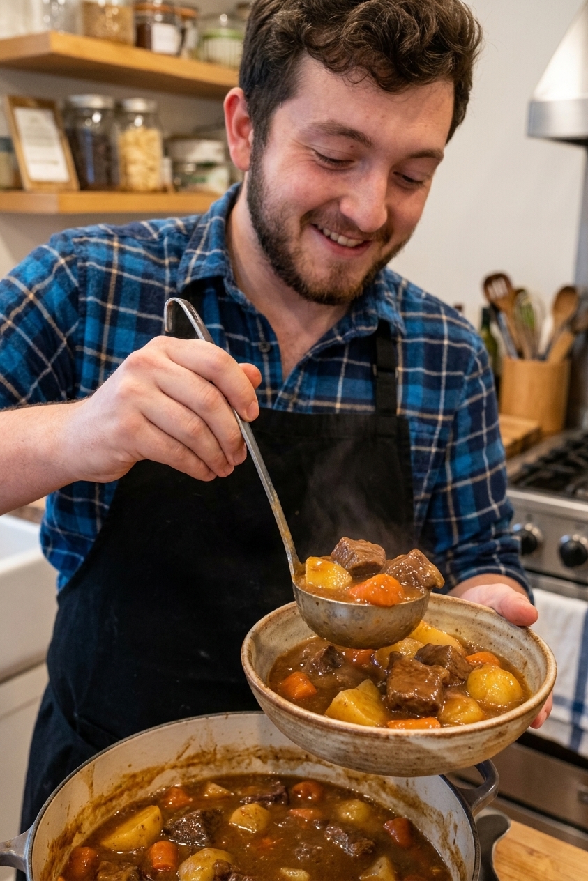 A real photograph of thick beef stew being ladled into a ceramic bowl, with visible chunks of beef, carrots, and potatoes and a glossy brown gravy