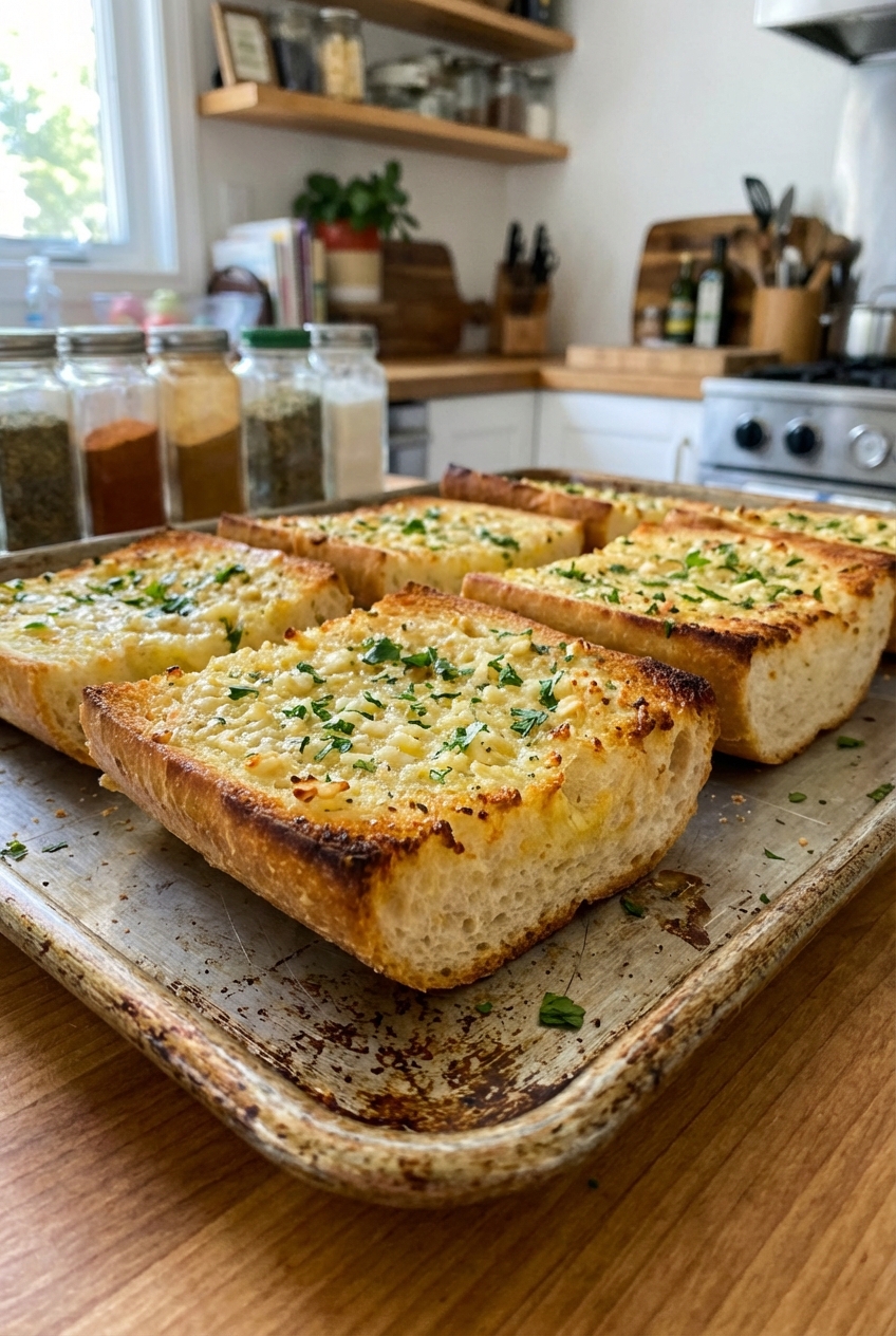 A real photograph of thick slices of garlic bread with golden toasted edges and parsley on a sheet pan