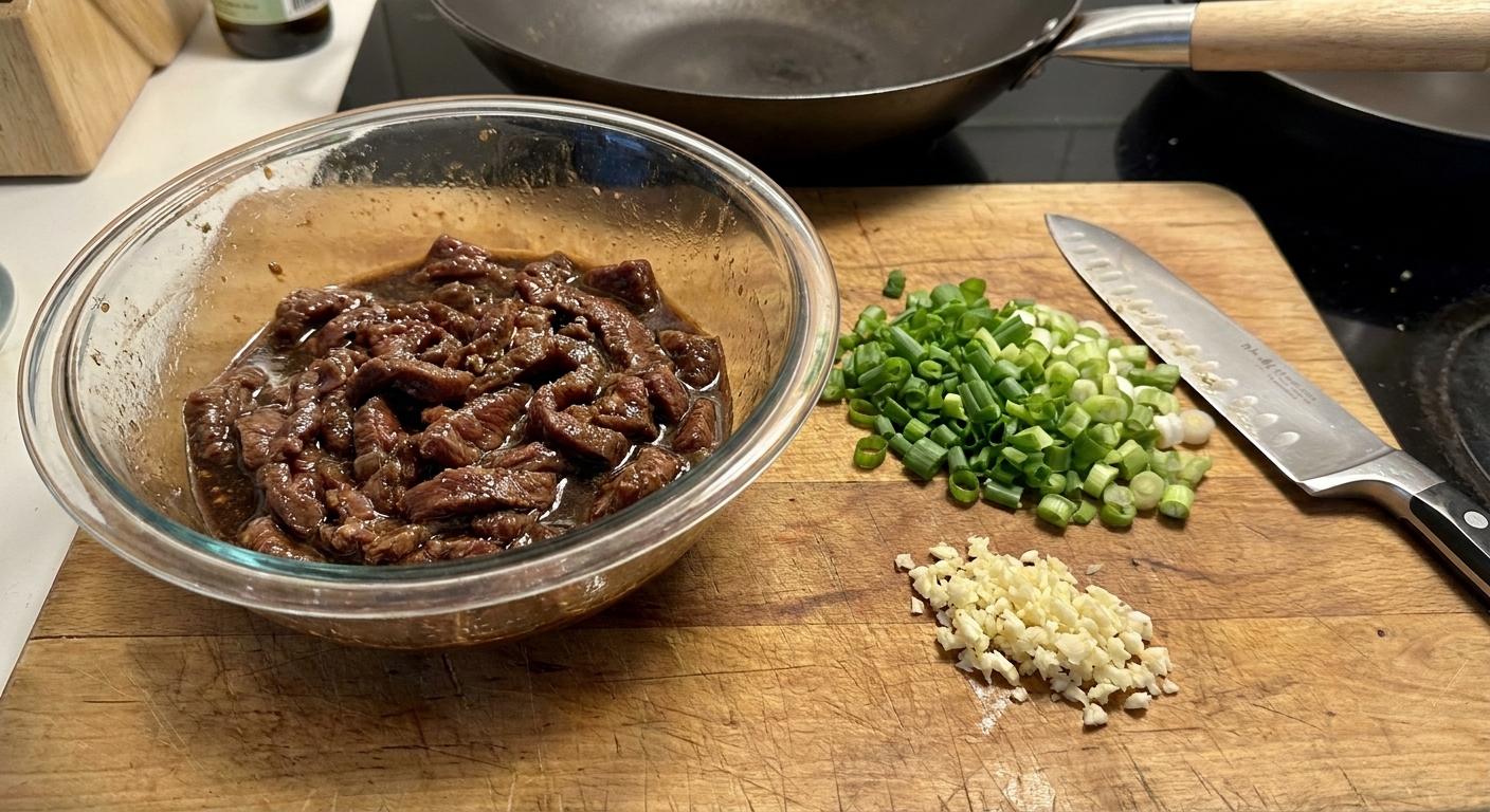 A real photograph of thinly sliced beef in a bowl of marinade next to a cutting board with chopped scallions and minced garlic, ready for stir-frying