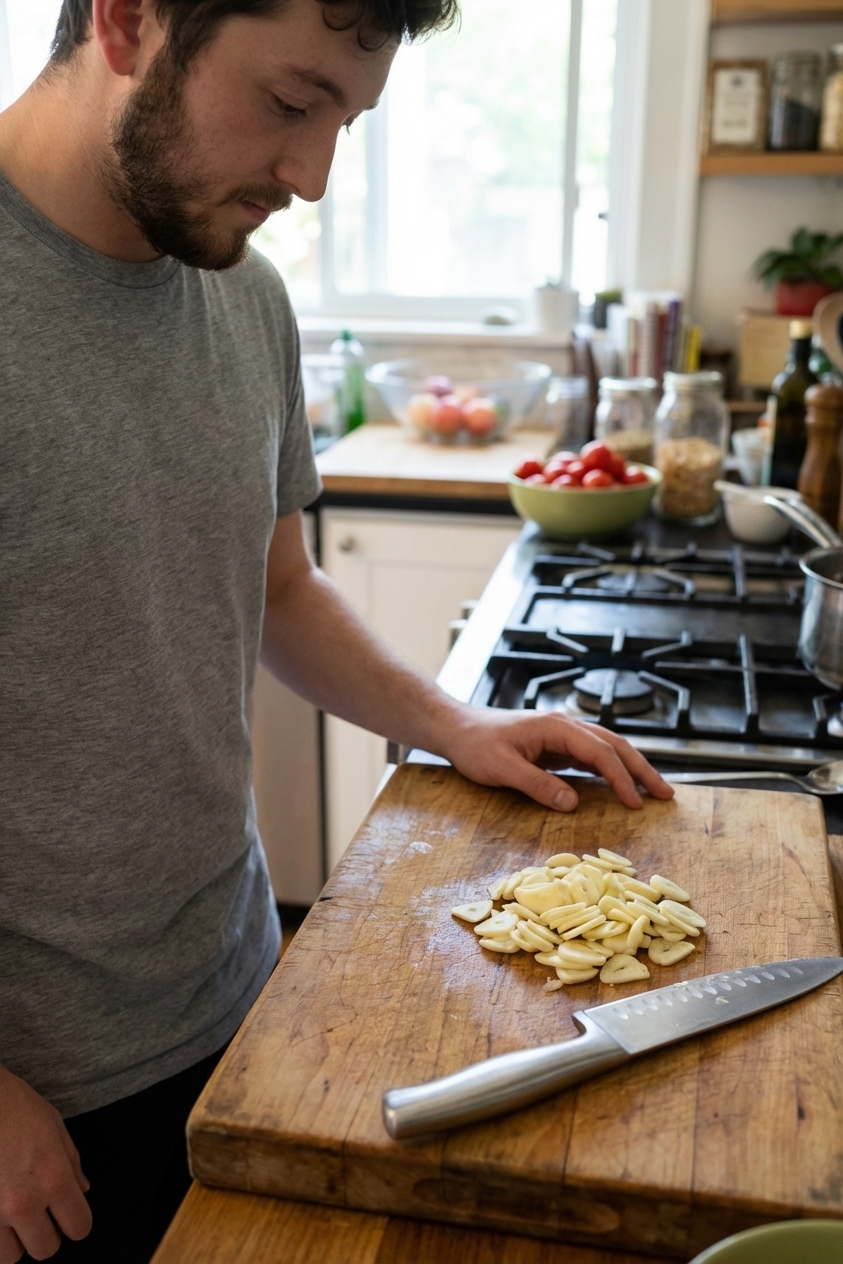 A real photograph of thinly sliced garlic cloves on a wooden cutting board next to a chef's knife in a home kitchen