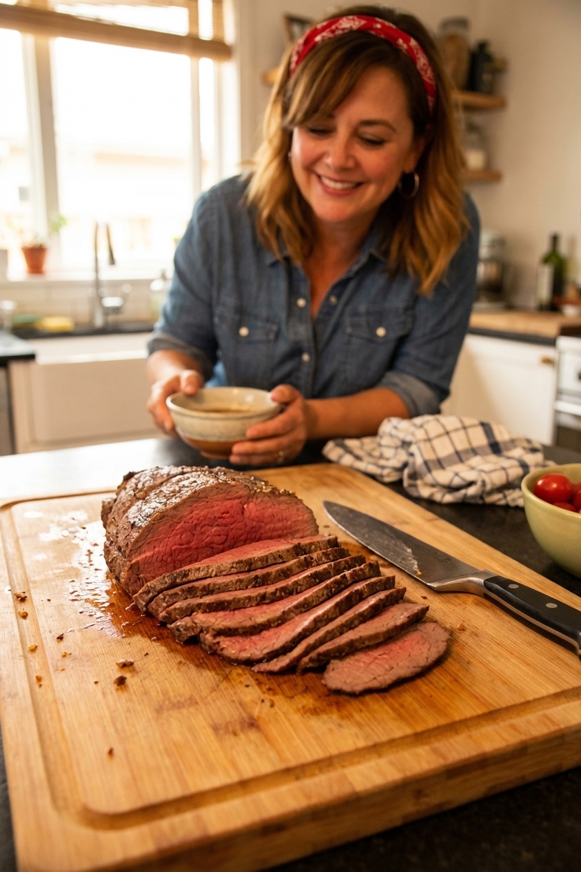 A real photograph of thinly sliced medium-rare roast beef fanned out on a cutting board with a carving knife beside it