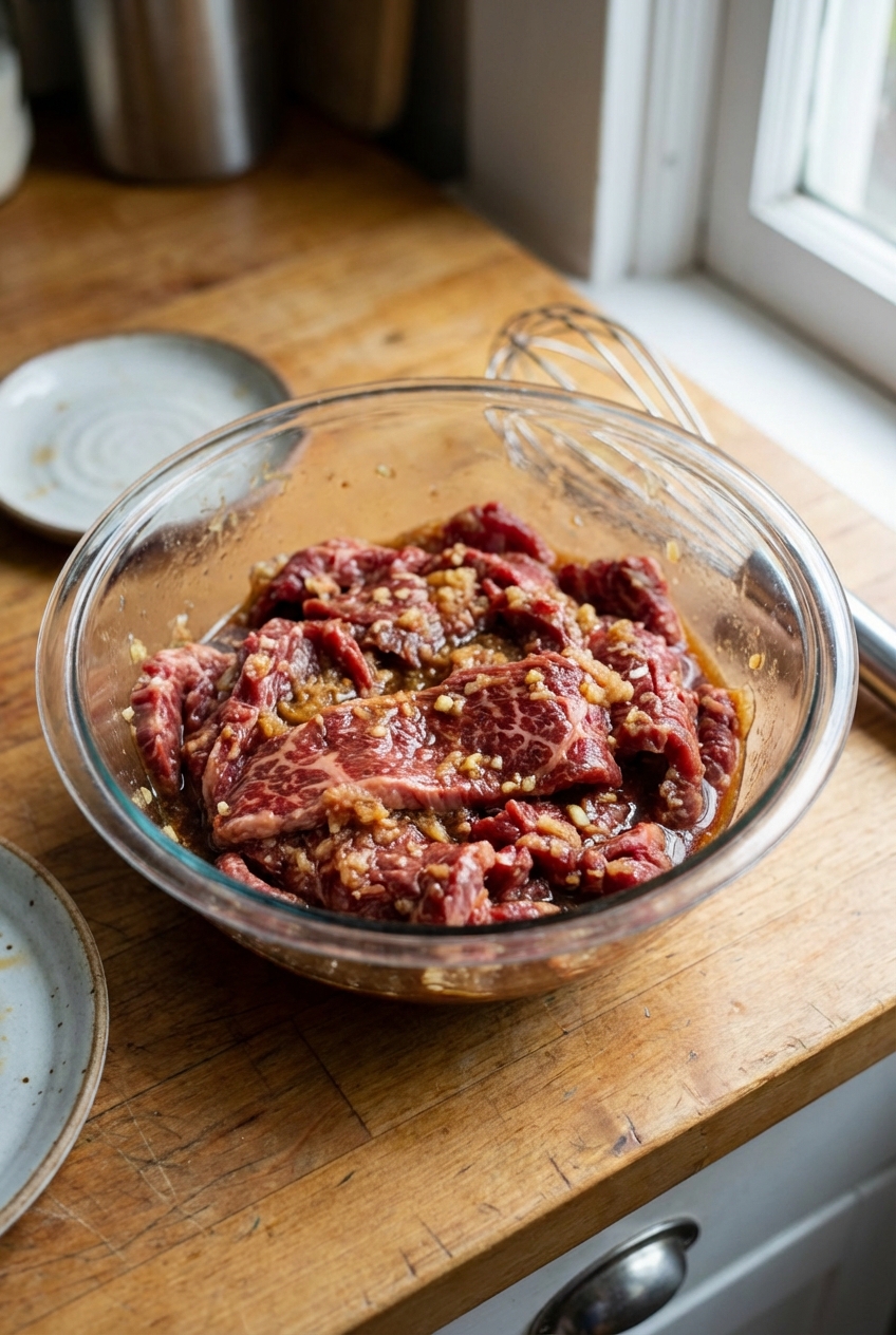 A real photograph of thinly sliced raw beef in a bowl coated in a red-brown bulgogi marinade with visible grated pear and minced garlic
