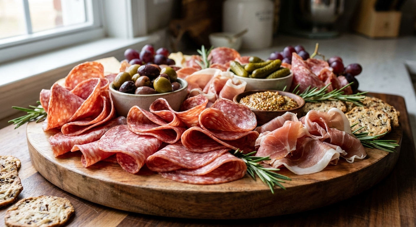 A real photograph of thinly sliced salami and prosciutto arranged in loose folds on a serving platter, close-up food photography