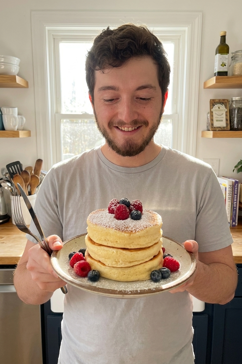A real photograph of three tall Japanese soufflé pancakes stacked on a plate with powdered sugar and berries, sunlight coming through a kitchen window