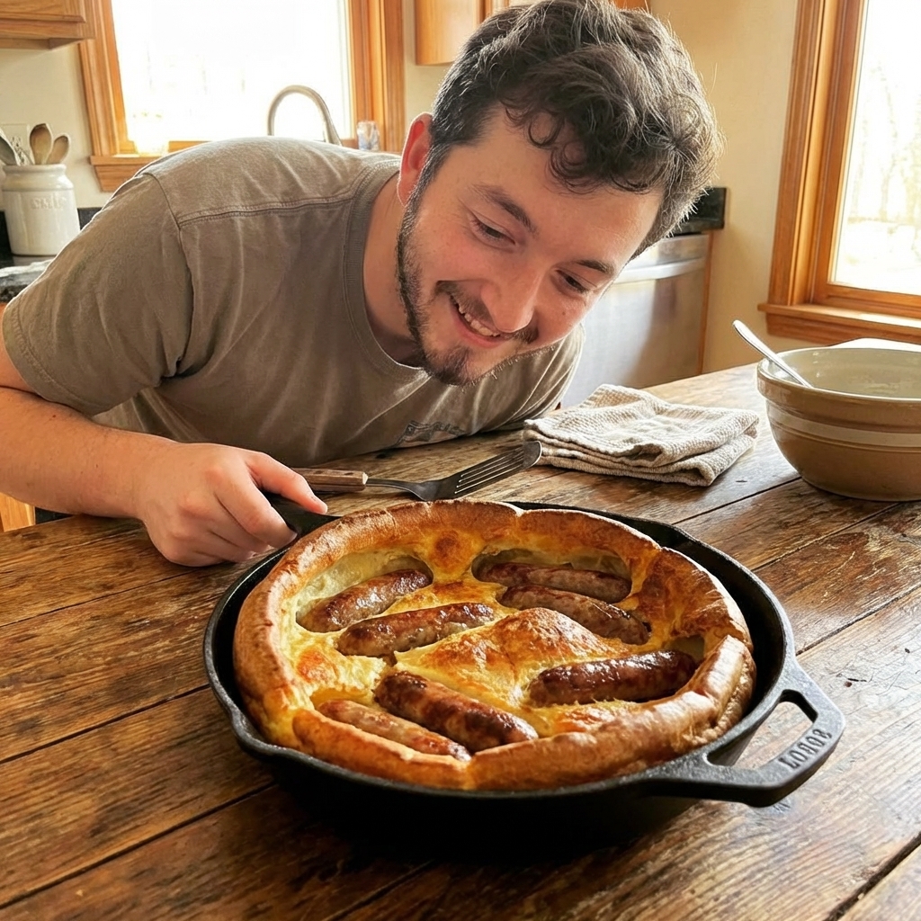 A real photograph of toad in the hole in a cast iron skillet, with golden puffed Yorkshire pudding batter rising around browned sausages on a rustic wooden table, warm natural kitchen light