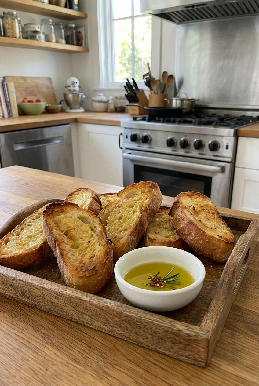 A real photograph of toasted baguette slices on a tray with a small bowl of olive oil