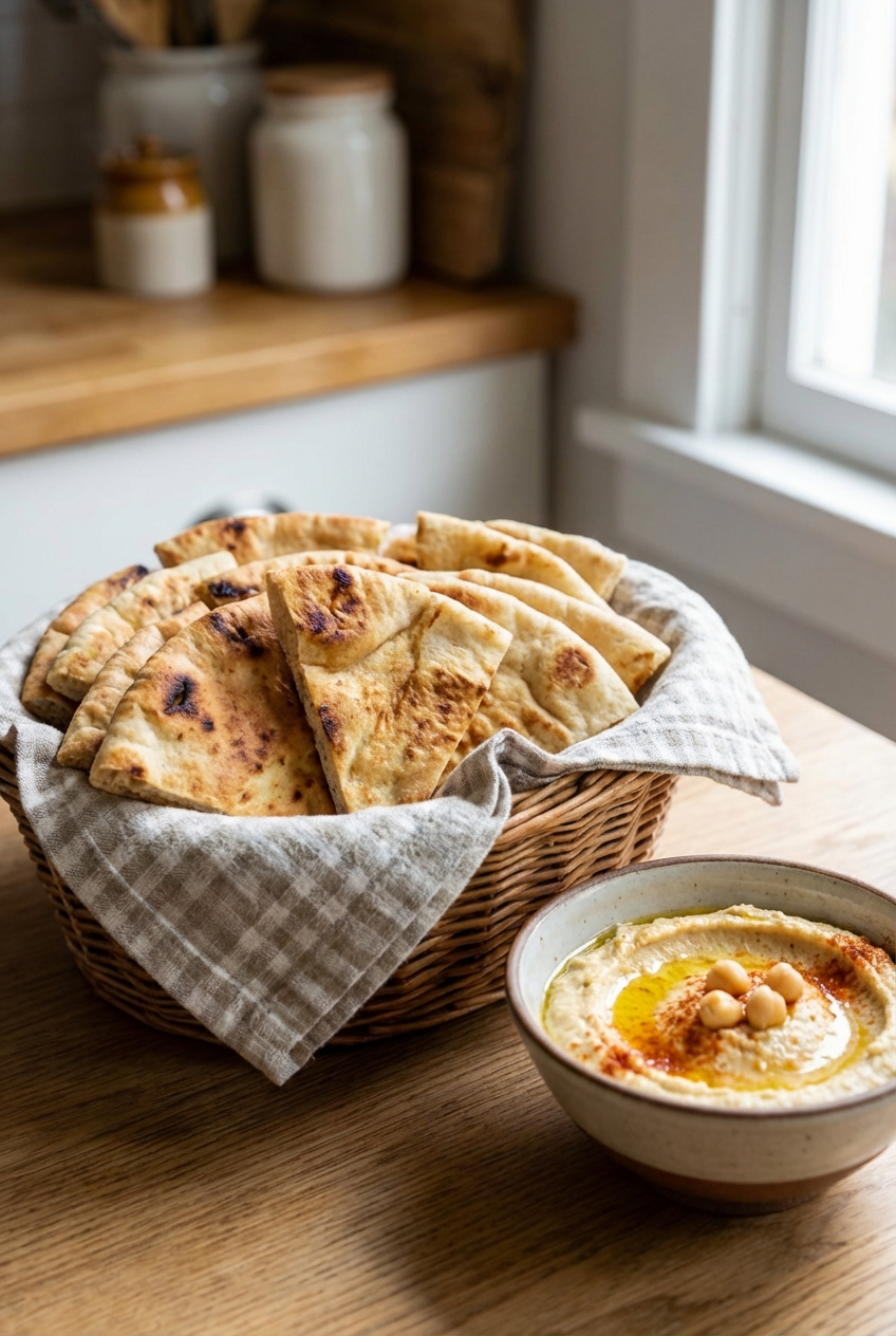 A real photograph of toasted pita wedges stacked in a basket with a small bowl of hummus