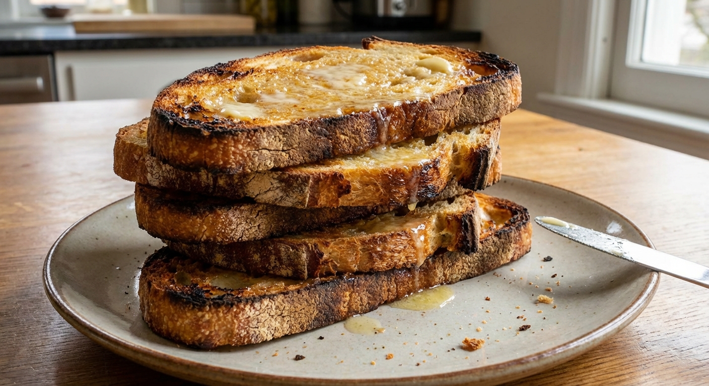 A real photograph of toasted rustic bread slices stacked on a plate with visible crisp edges and melted butter