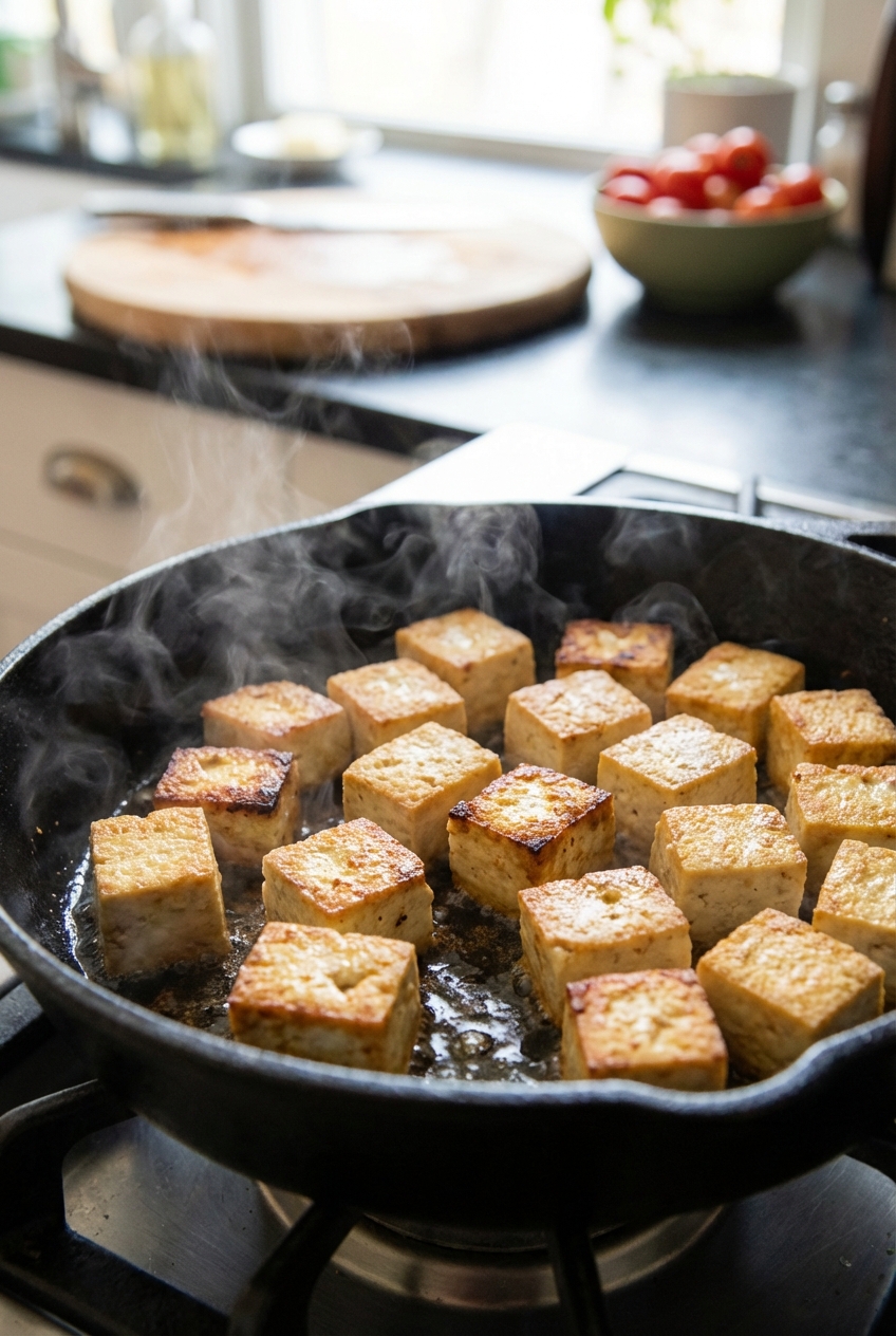 A real photograph of tofu cubes sizzling in a skillet, turning golden brown with crisp edges