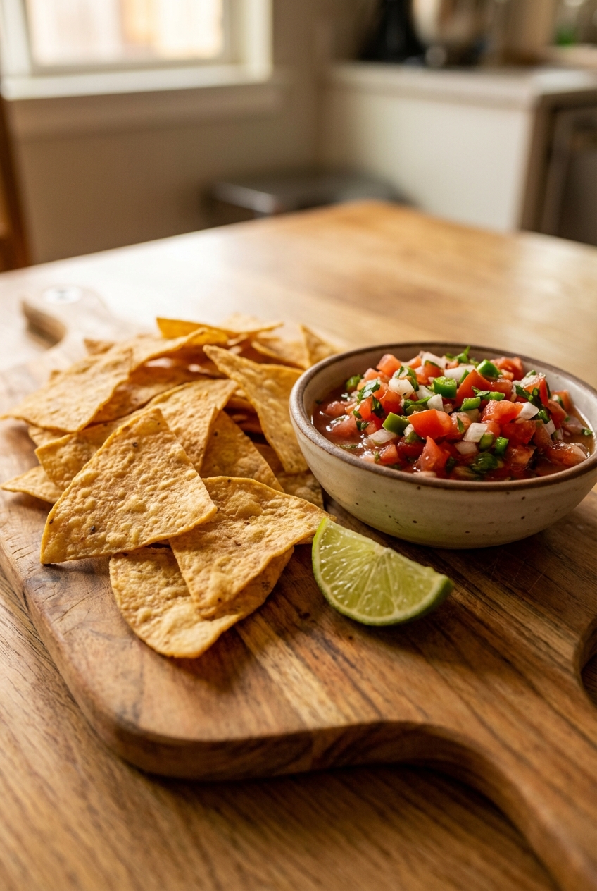 A real photograph of tortilla chips with a bowl of fresh salsa and a lime wedge on a wooden board