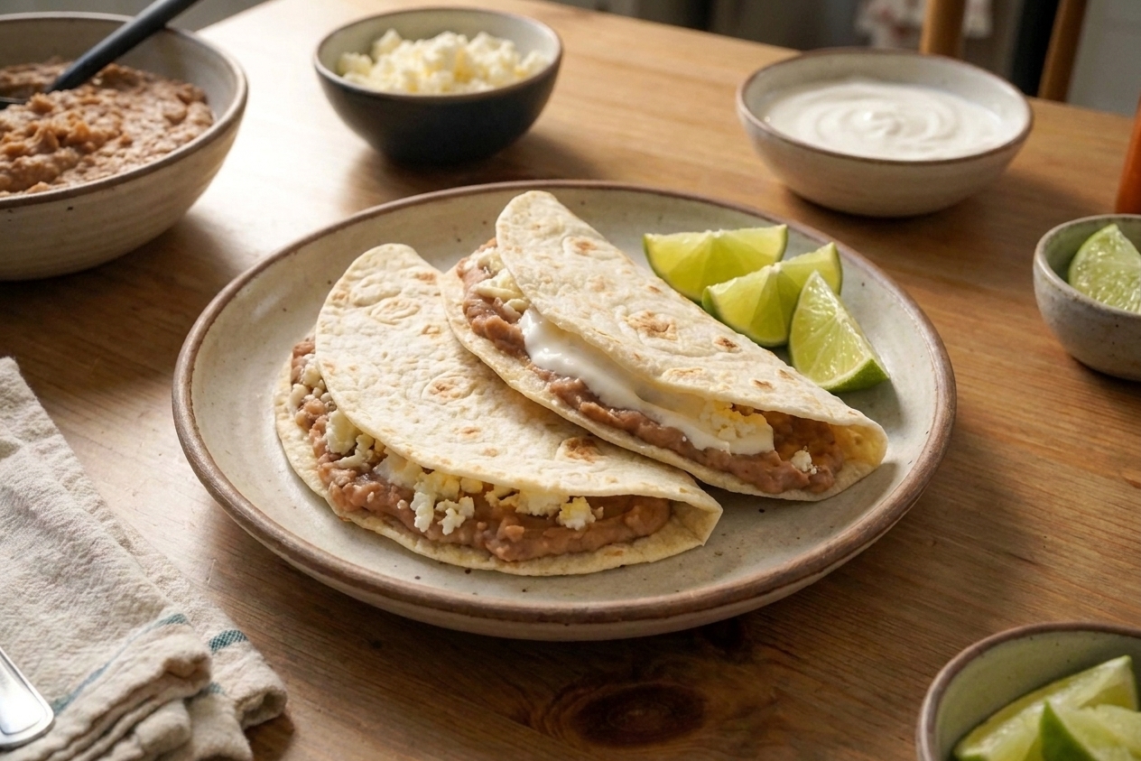 A real photograph of two Honduran baleadas folded over on a ceramic plate, filled with refried beans, crema, and crumbled cheese, with lime wedges on the side on a warm, sunlit kitchen table