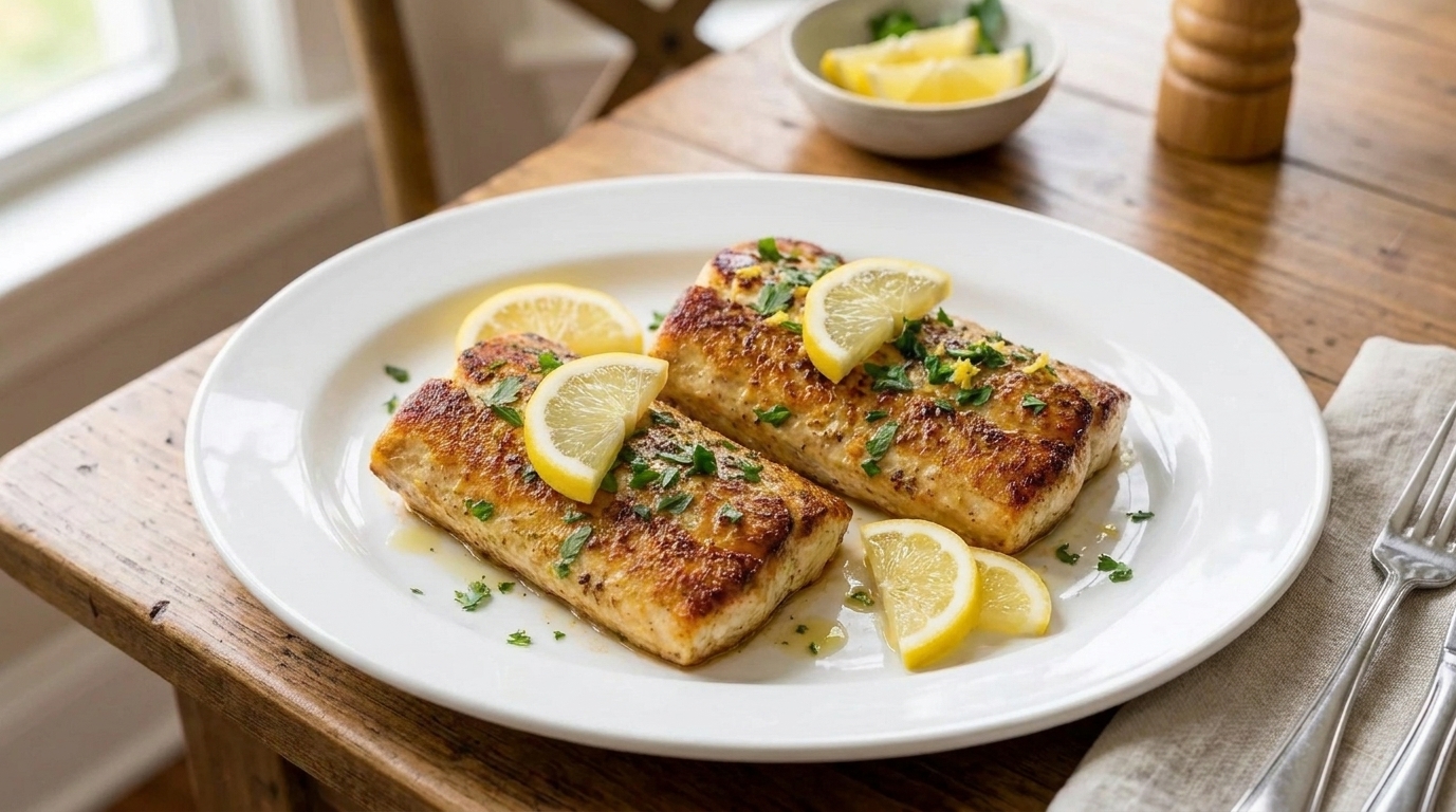 A real photograph of two baked mahi mahi fillets on a white platter, topped with chopped parsley and lemon slices, set on a warm neutral kitchen table with soft natural light