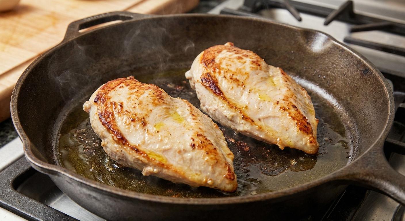 A real photograph of two chicken breasts searing in a cast iron skillet with lightly browned edges and a thin sheen of oil