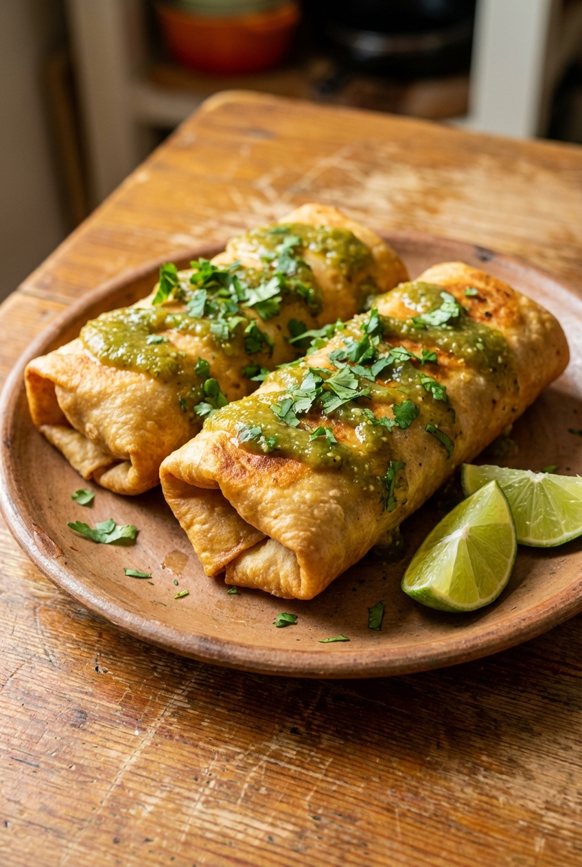 A real photograph of two crispy golden vegan chimichangas on a rustic plate, topped with salsa verde and diced cilantro, with lime wedges on the side on a wooden table