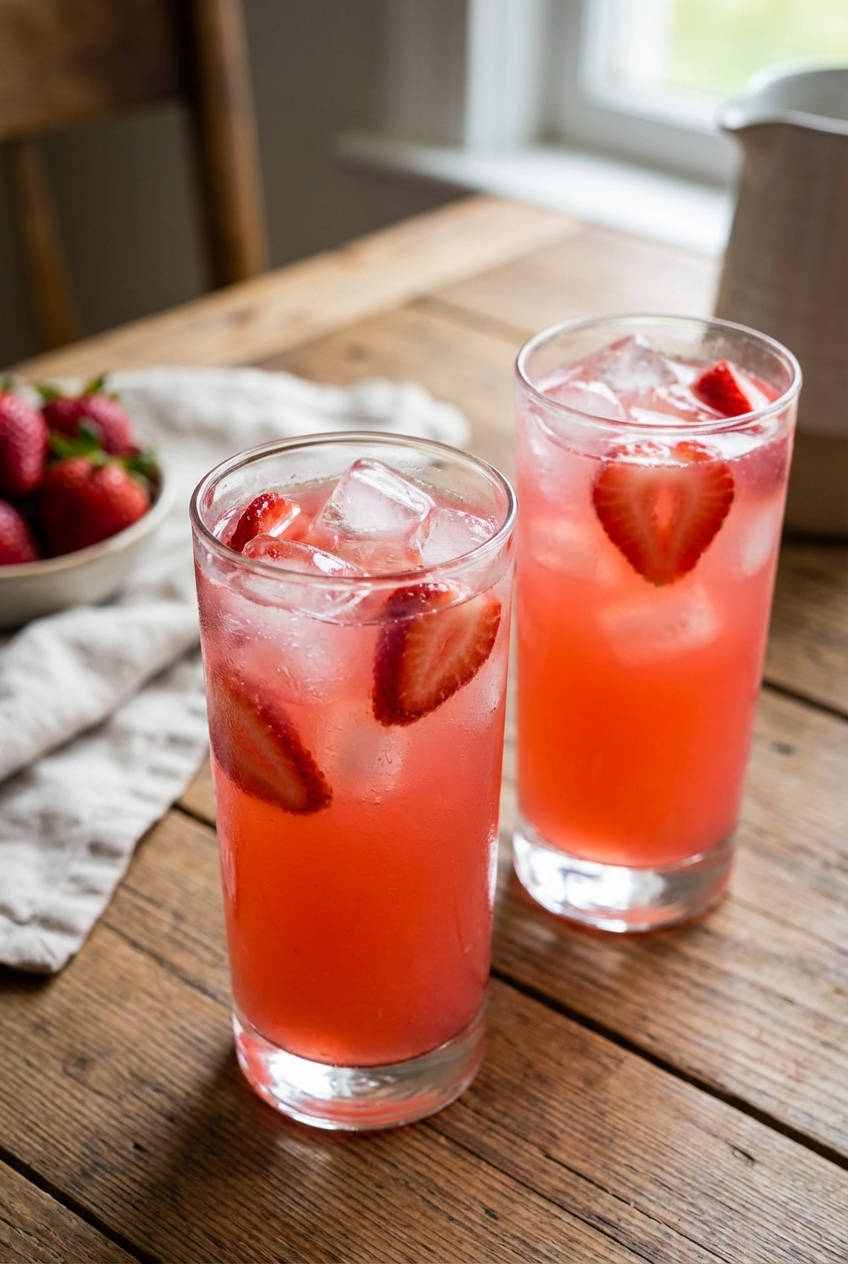 A real photograph of two glasses of strawberry lemonade with ice on a table