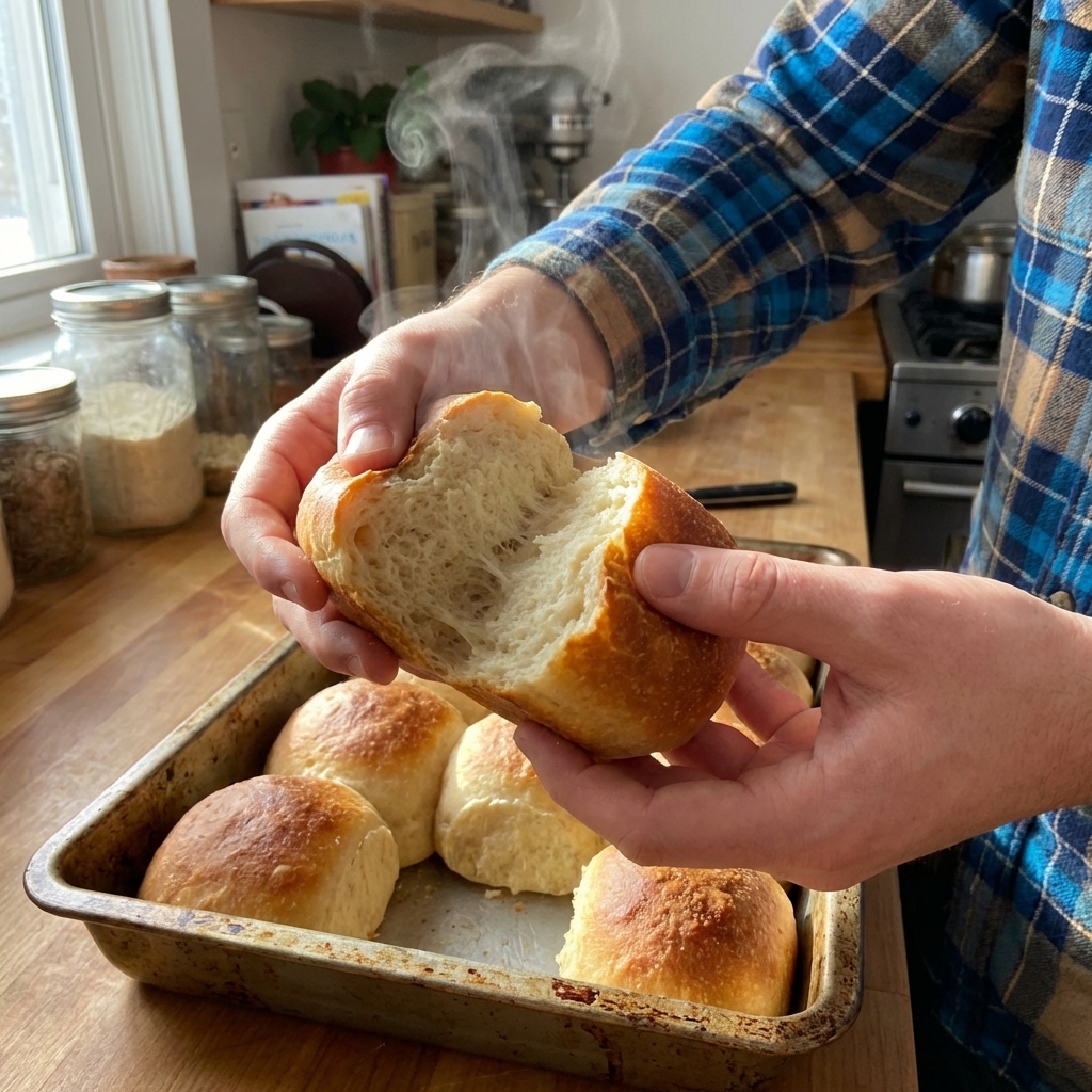 A real photograph of two hands pulling apart a warm sourdough dinner roll over a baking pan, showing stretchy tender crumb and a lightly browned top, cozy home kitchen lighting