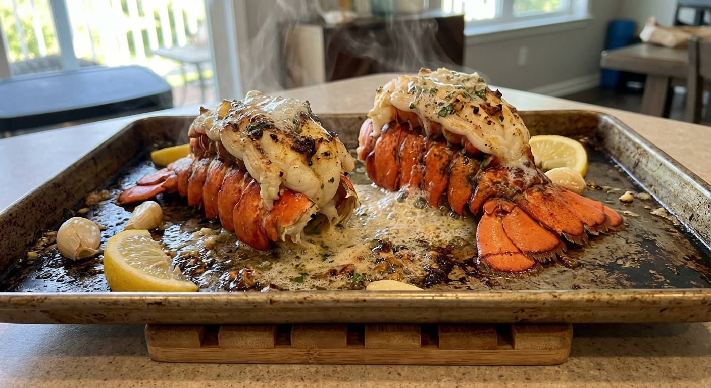A real photograph of two lobster tails on a sheet pan just out of the broiler, lightly charred edges and garlic-lemon butter bubbling on top