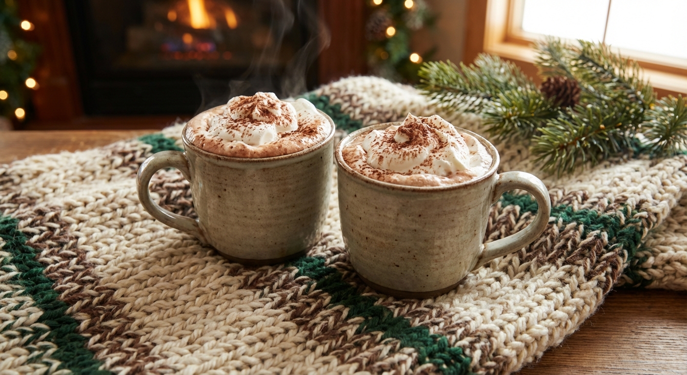 A real photograph of two mugs of hot cocoa topped with whipped cream on a cozy blanket