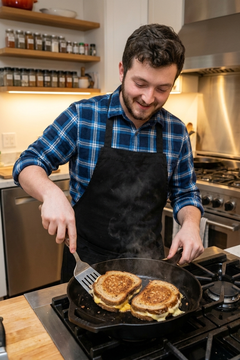 A real photograph of two rye sandwiches browning in a cast iron skillet on a stovetop, with a spatula nearby and melted cheese just starting to ooze, warm kitchen lighting