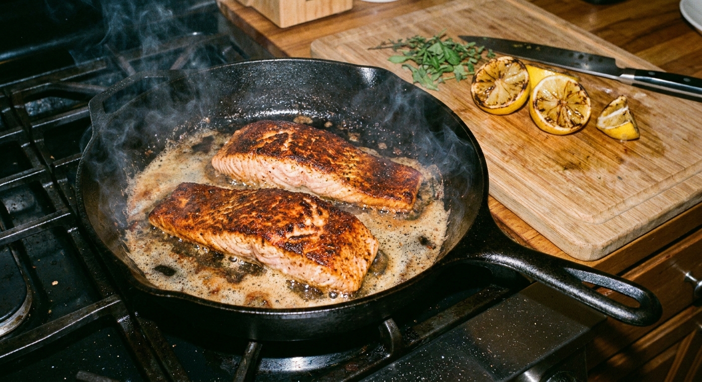 A real photograph of two salmon fillets blackened with Cajun spices sizzling in a cast-iron skillet, with browned butter foaming around the edges and lemon wedges on a wooden board nearby