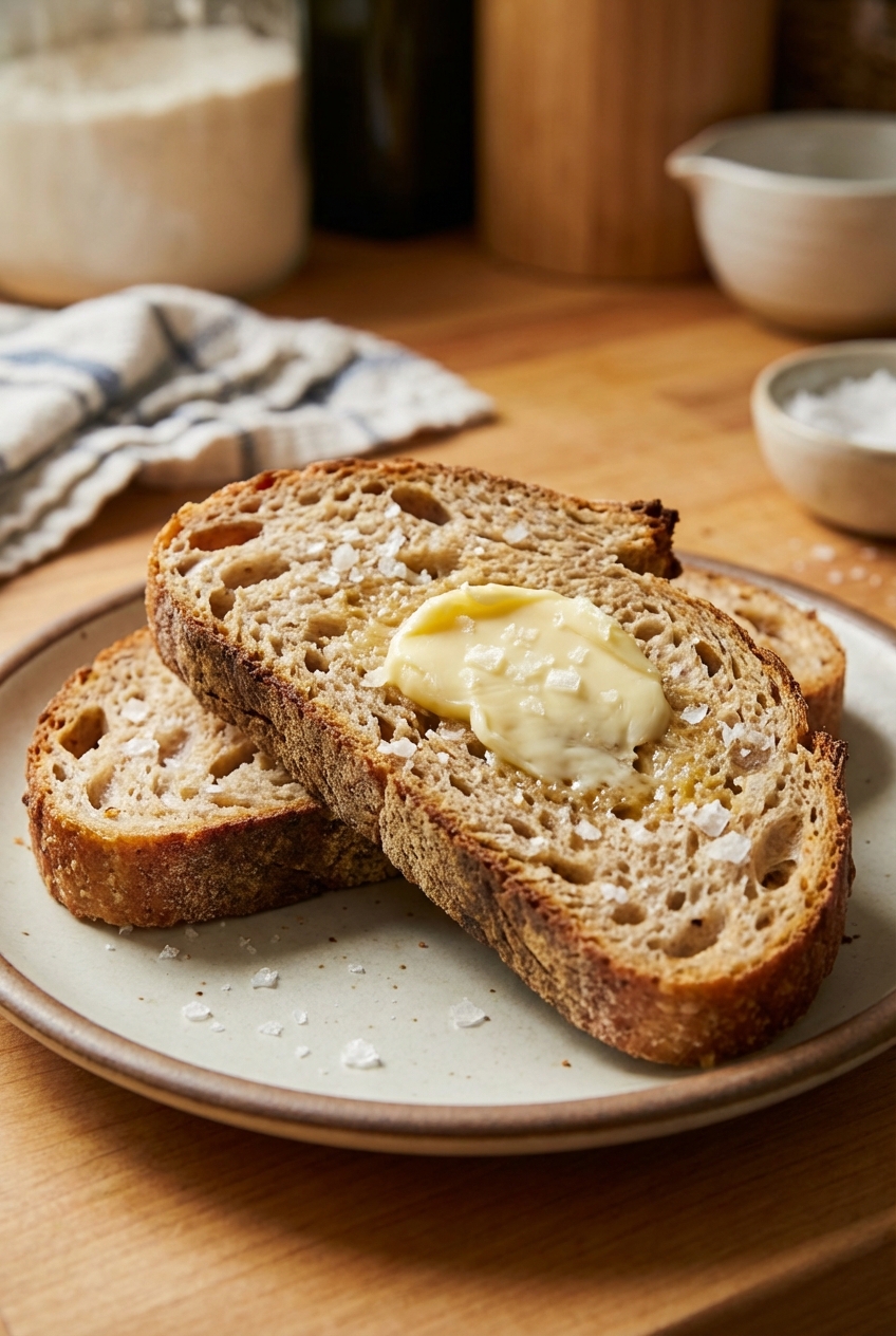 A real photograph of two slices of savory bread on a plate with softened butter and flaky salt