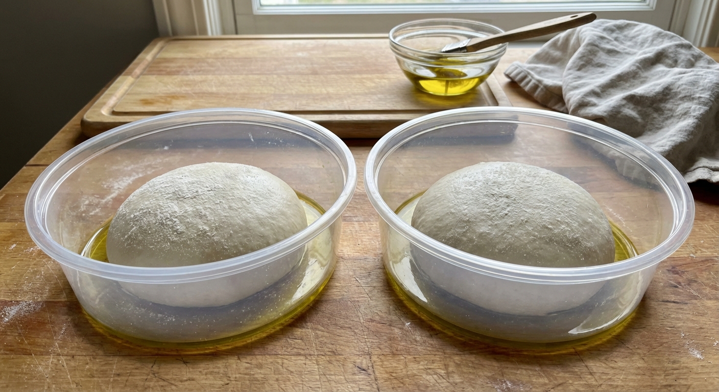 A real photograph of two smooth pizza dough balls resting in lightly oiled containers on a kitchen counter