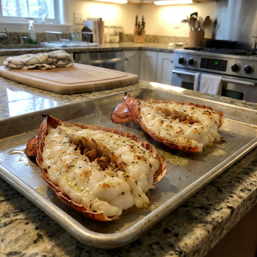 A real photograph of two split lobster tails on a sheet pan just after broiling, meat lightly opaque with browned edges, kitchen counter in the background