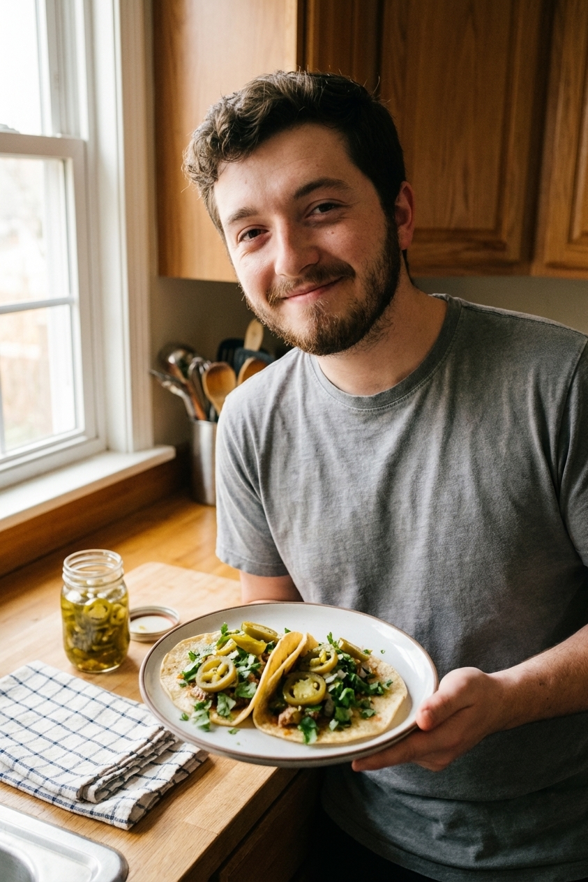 A real photograph of two street-style tacos on a plate topped with sliced pickled jalapeños and chopped cilantro, with a small jar of pickled jalapeños in the background, warm natural light in a home kitchen