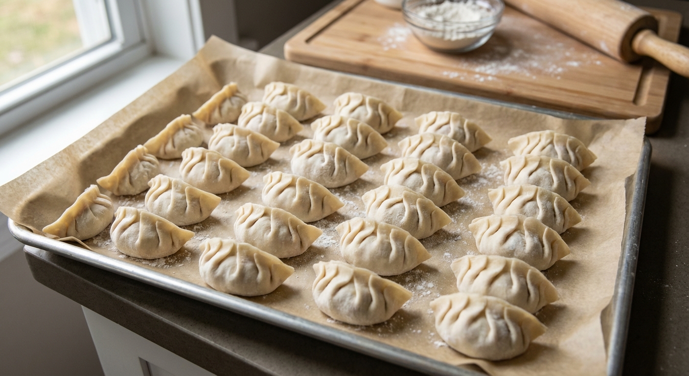A real photograph of uncooked gyoza arranged in a single layer on a parchment-lined baking sheet ready to be frozen
