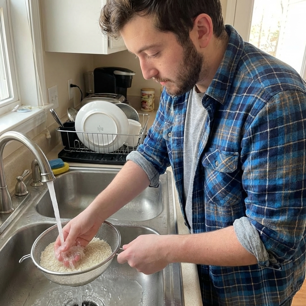 A real photograph of uncooked white rice being rinsed in a fine mesh strainer under running water in a home kitchen sink, hands visible, candid cooking moment