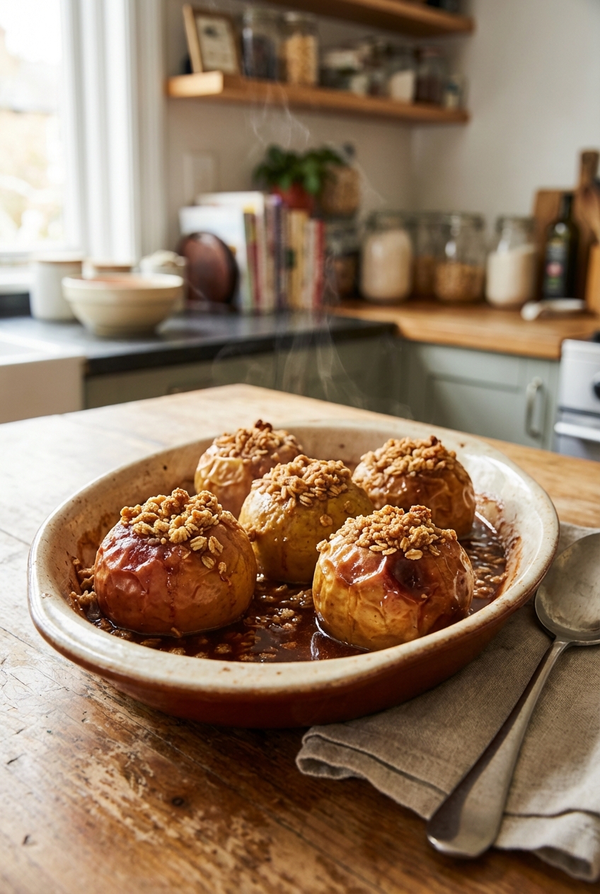 A real photograph of warm baked apples in a ceramic baking dish, topped with golden oat crumble and surrounded by glossy cinnamon syrup