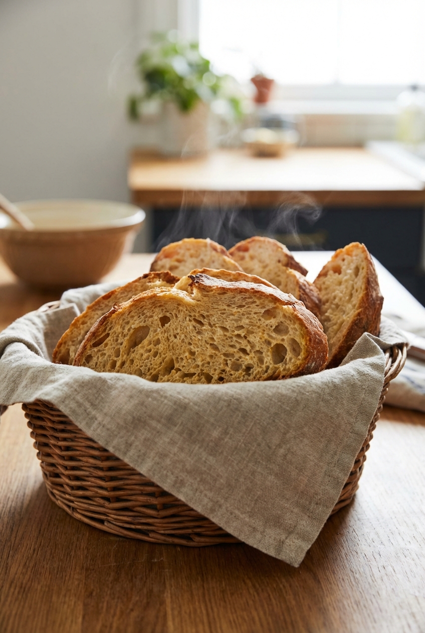 A real photograph of warm crusty bread slices in a basket with a cloth liner