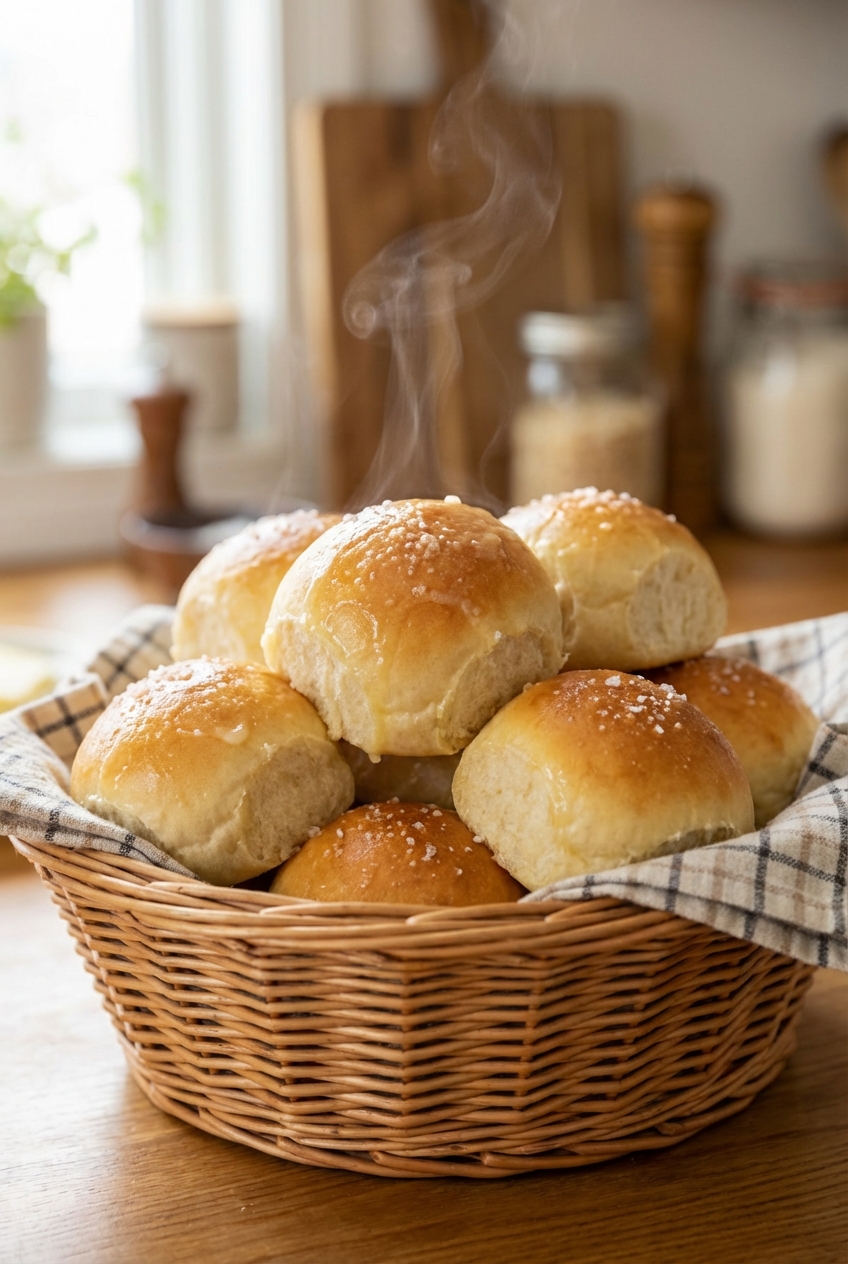 A real photograph of warm dinner rolls in a bread basket