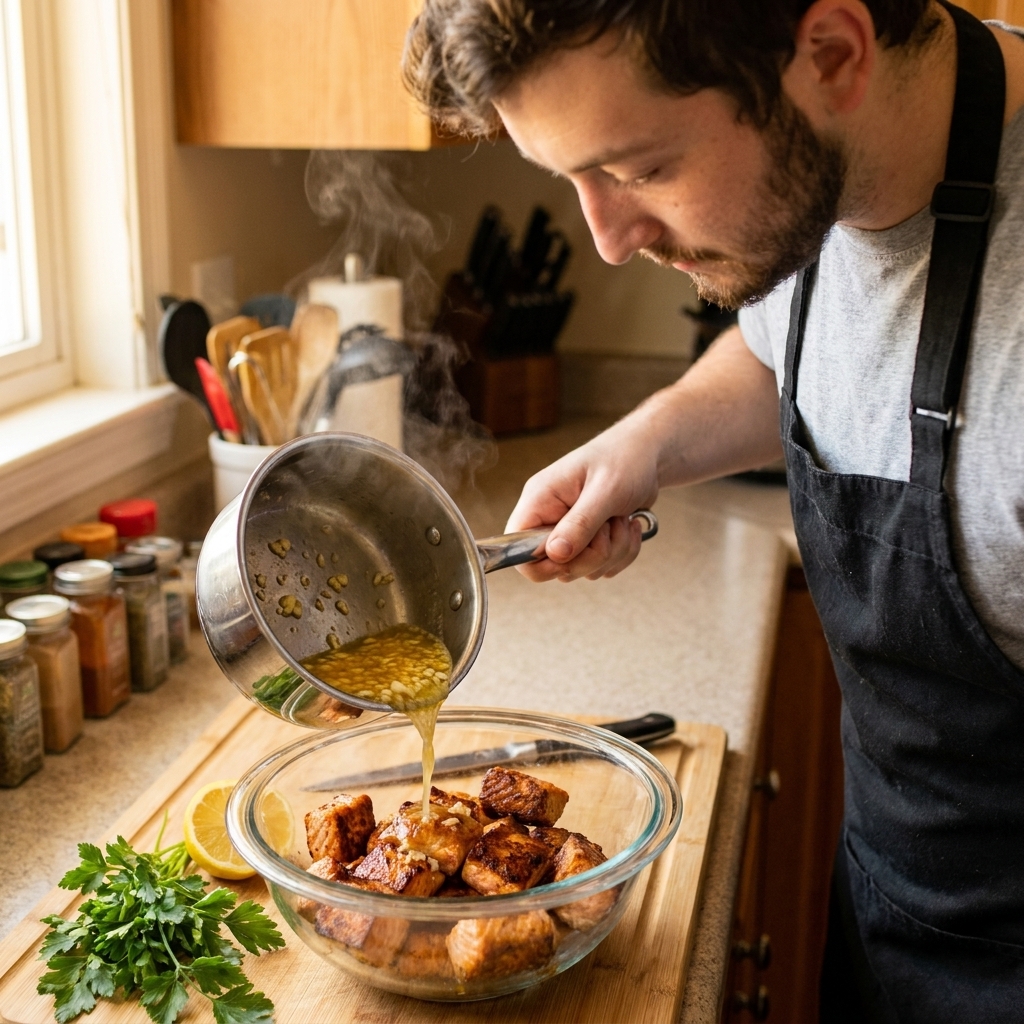 A real photograph of warm garlic butter being poured from a small saucepan over crisp air fryer salmon bites in a mixing bowl