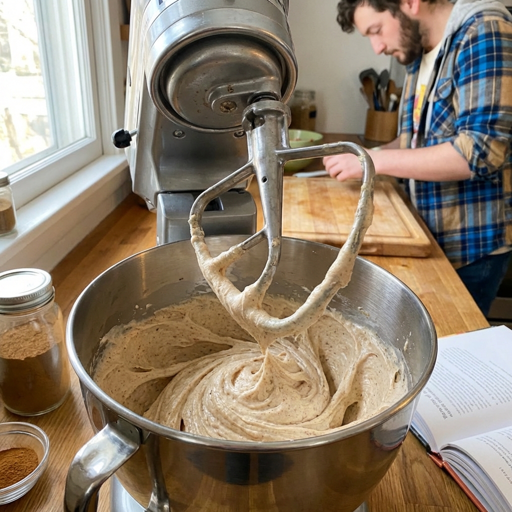 A real photograph of warm spiced buttercream being whipped in a stand mixer bowl with a paddle attachment
