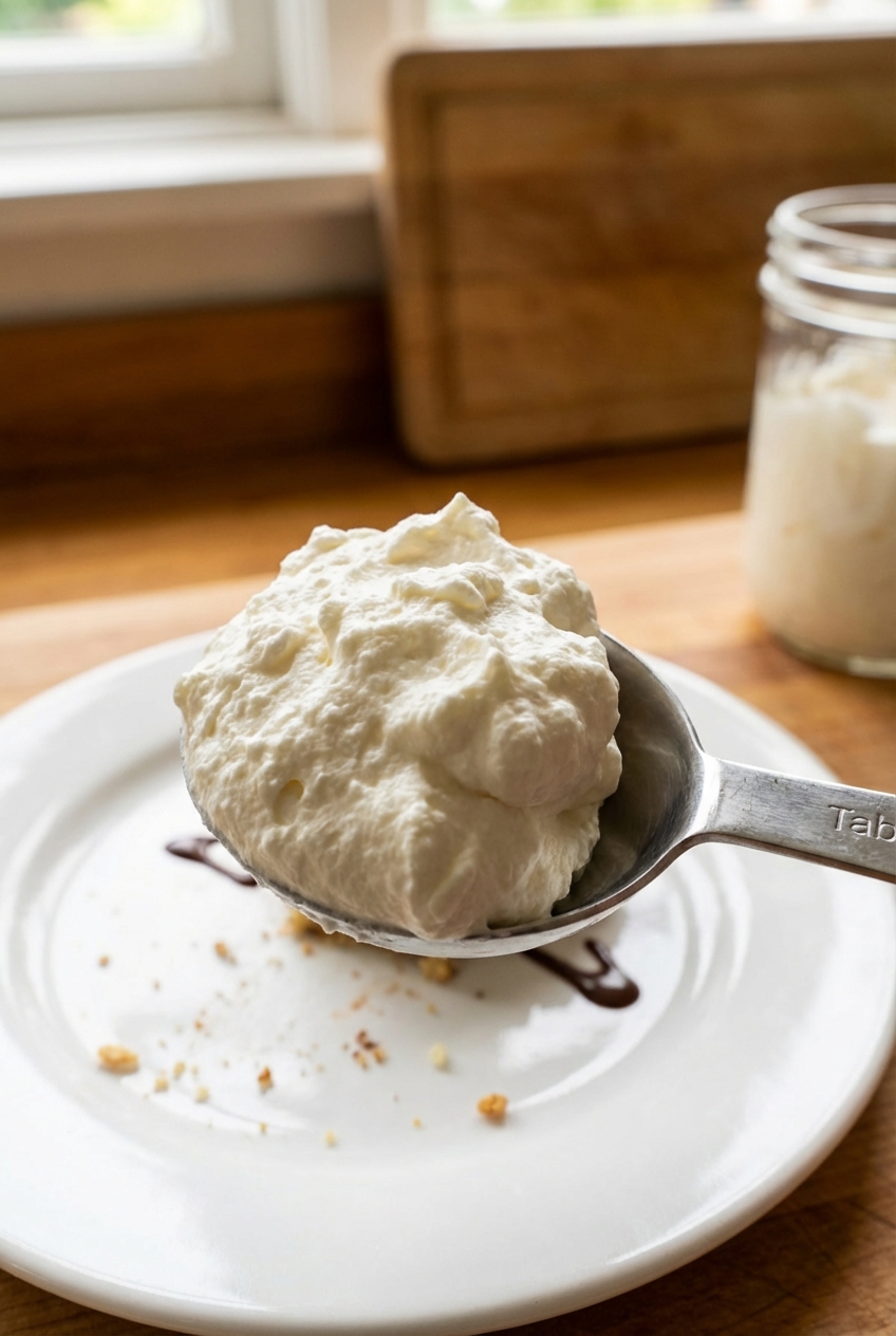 A real photograph of whipped cream piled on a spoon over a dessert plate