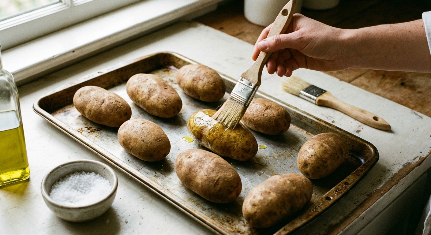 A real photograph of whole russet potatoes on a baking sheet being brushed with olive oil, with a small bowl of coarse salt and a pastry brush nearby