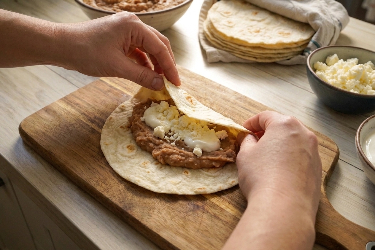 A real photograph showing hands folding a tortilla over refried beans, crema, and cheese on a cutting board in a warm kitchen