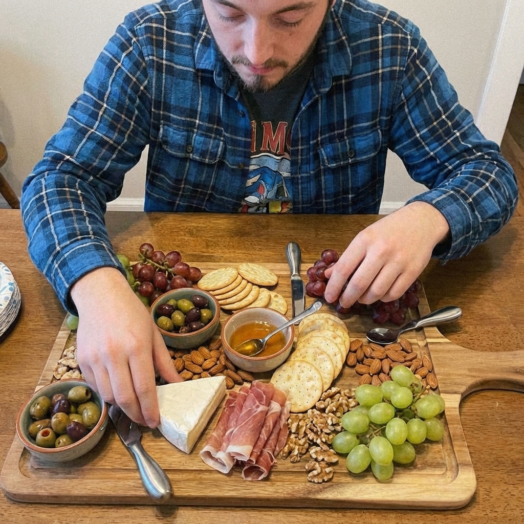 A real photograph taken from overhead of a charcuterie board being assembled with small bowls, cheese wedges, folded meats, crackers, grapes, and nuts