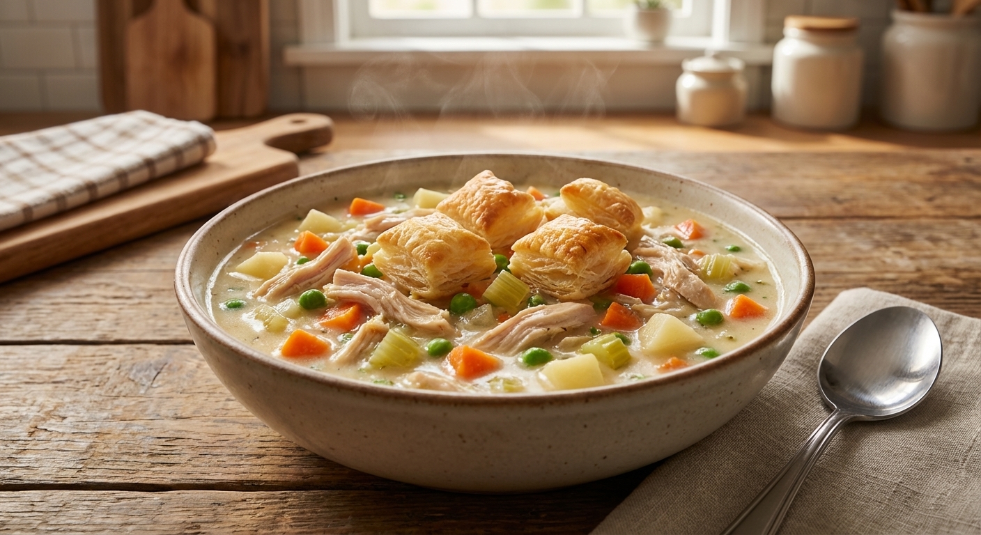 A real, photorealistic bowl of creamy chicken pot pie soup with shredded chicken, carrots, peas, celery, and diced potatoes in a rich broth, topped with golden puff pastry croutons, sitting on a wooden table with a spoon nearby, warm natural kitchen light