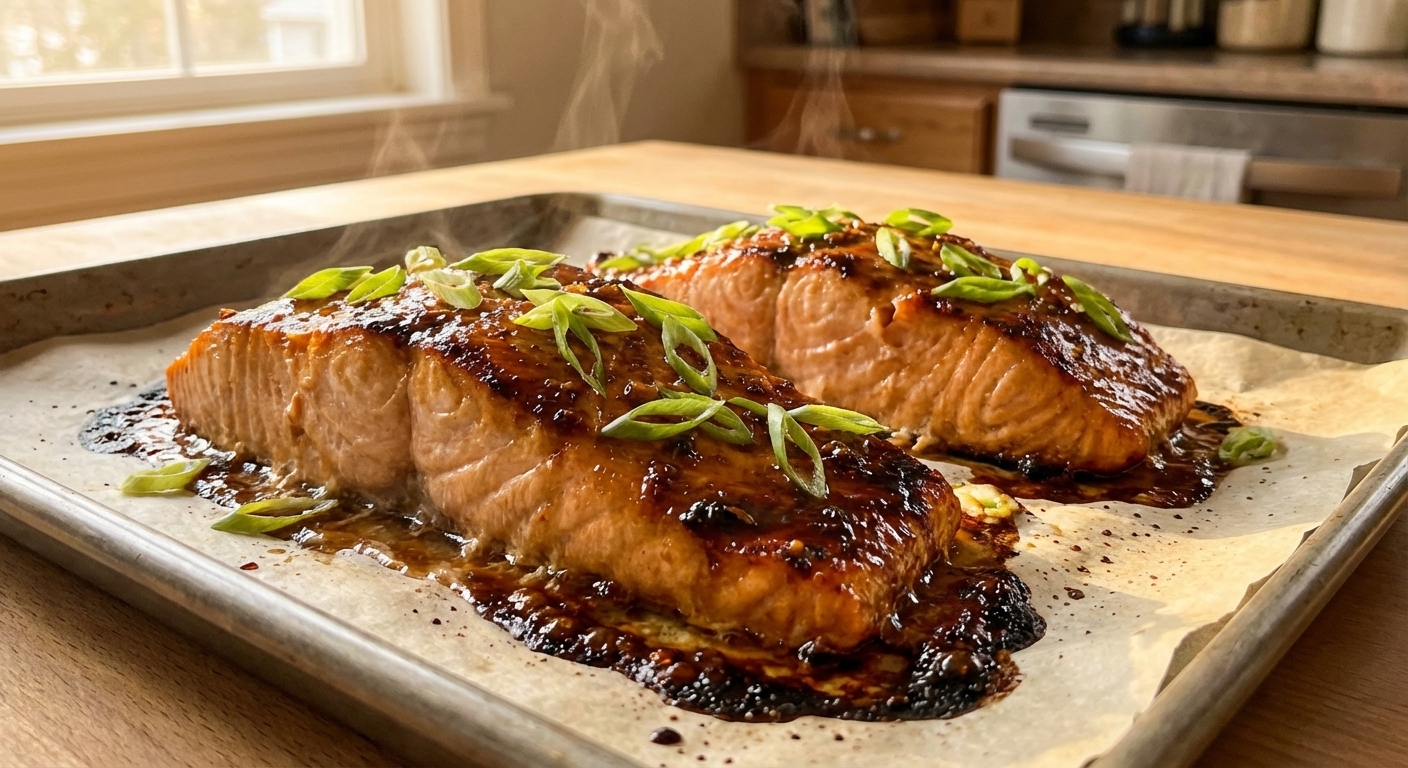 A real, photorealistic close-up of oven-baked salmon fillets on a parchment-lined sheet pan, glazed with a shiny brown sugar and garlic sauce, with caramelized edges and a few sliced scallions scattered on top, warm kitchen lighting