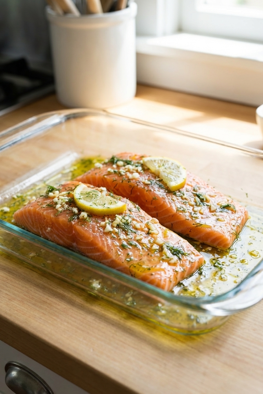 A real, photorealistic close-up of two salmon fillets in a shallow glass dish coated in a garlic herb marinade with visible minced garlic, chopped fresh dill, lemon slices, and olive oil, set on a bright kitchen counter with soft natural light