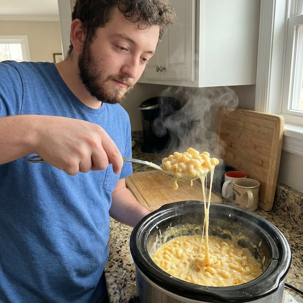 A real, photorealistic kitchen photo of creamy mac and cheese inside a black slow cooker insert, with a serving spoon lifting a cheesy scoop that stretches slightly, warm steam rising, and a simple countertop background