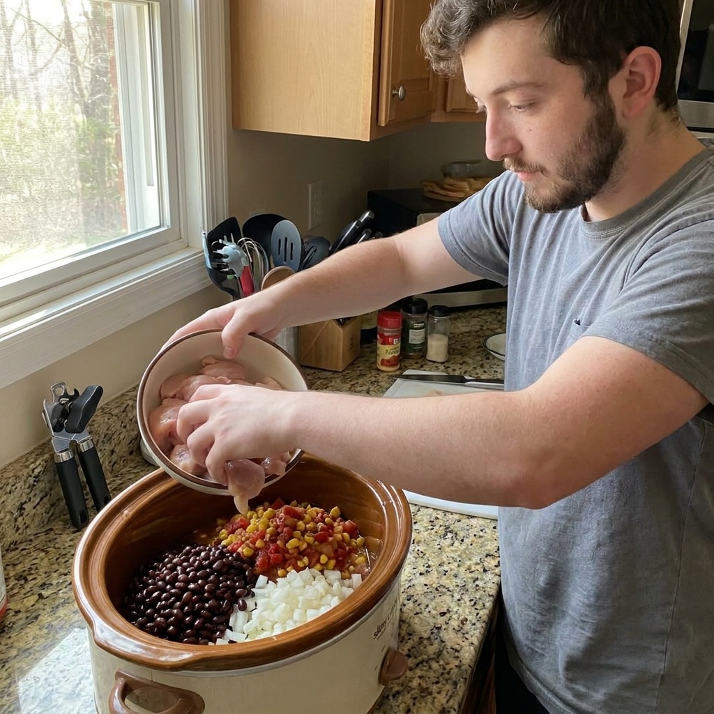 A real slow cooker on a kitchen counter being filled with raw chicken, canned beans, salsa, and chopped onions, natural window light, candid home cooking photo