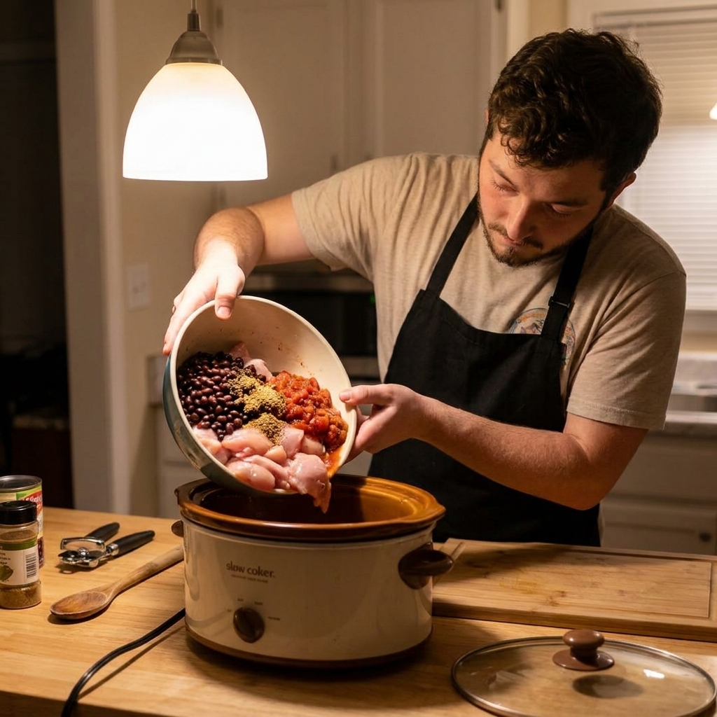 A real slow cooker on a kitchen counter with raw chicken, canned beans, salsa, and spices being poured in, warm home kitchen lighting, realistic photography